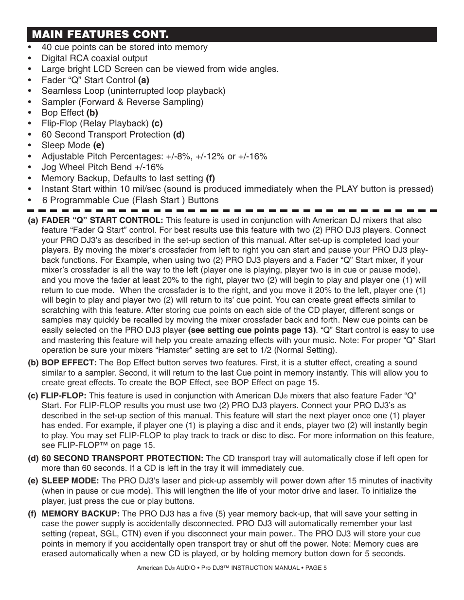 Main features cont | American Audio PRO DJ 3 User Manual | Page 5 / 17