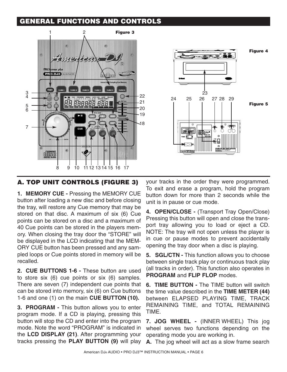 General functions and controls, A. top unit controls (figure 3) | American Audio PRO DJ 3 User Manual | Page 6 / 17