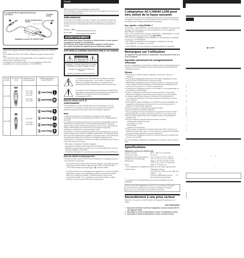 Avertissement, Remarques sur l’utilisation, Spécifications | Raccordement à une prise secteur, 使用前須注意, 連接到牆上插座使用 | Sony AC-L100 User Manual | Page 2 / 2