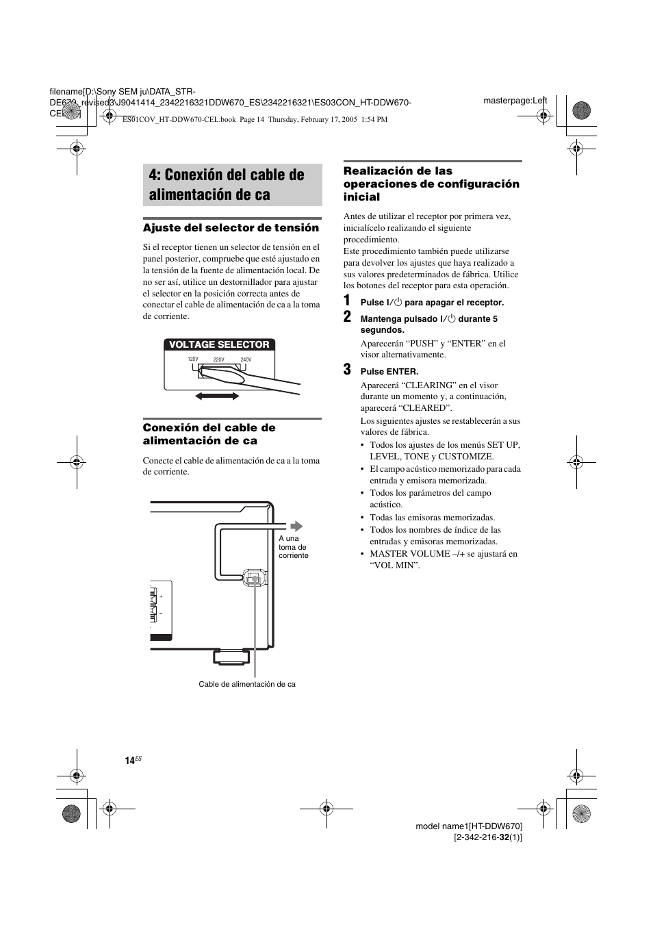 Conexión del cable de alimentación, De ca, Conexión del cable de alimentación de ca | Sony HT-DDW670 User Manual | Page 14 / 48