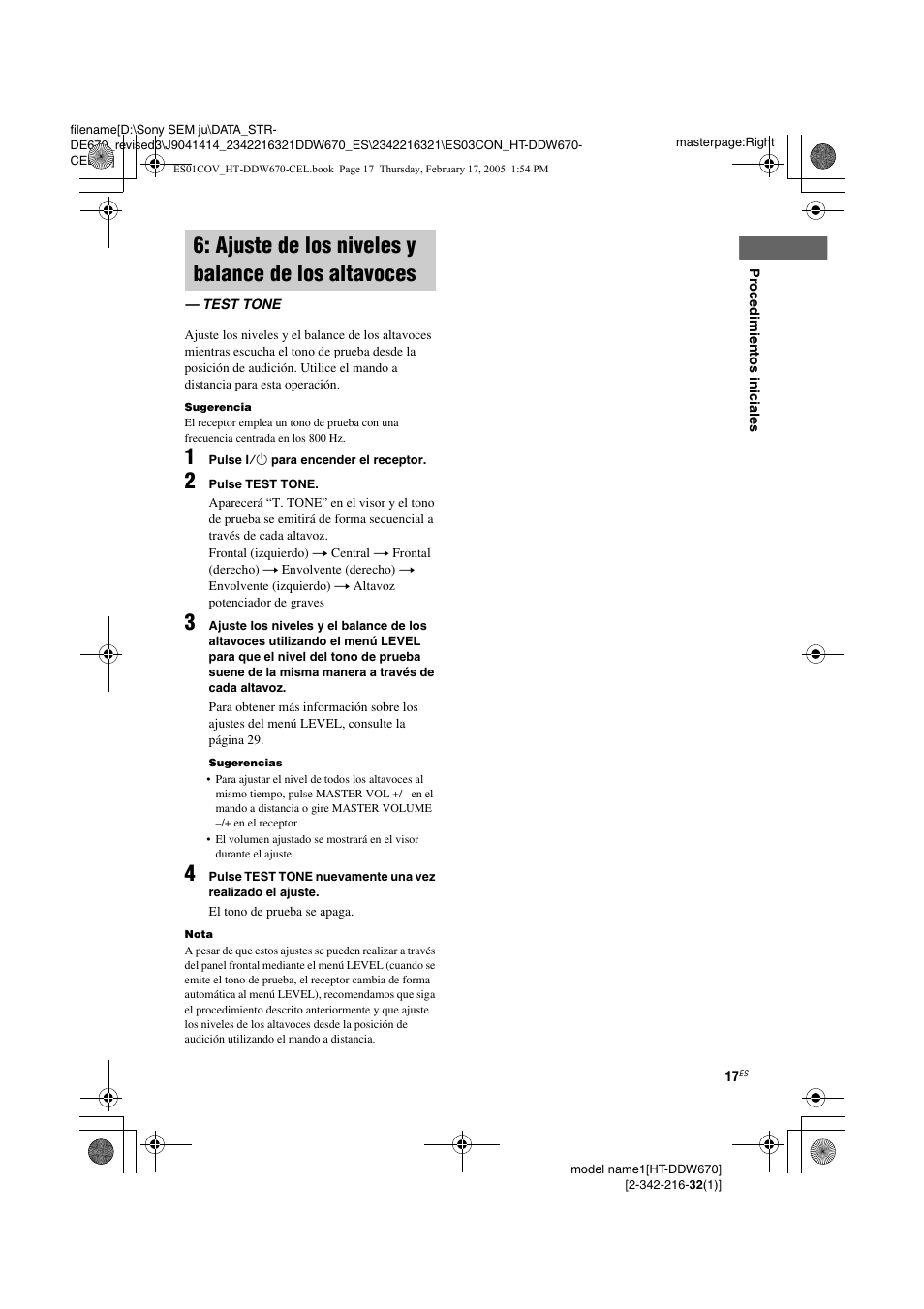 Ajuste de los niveles y balance, De los altavoces — test tone, Ajuste de los niveles y balance de los altavoces | Sony HT-DDW670 User Manual | Page 17 / 48