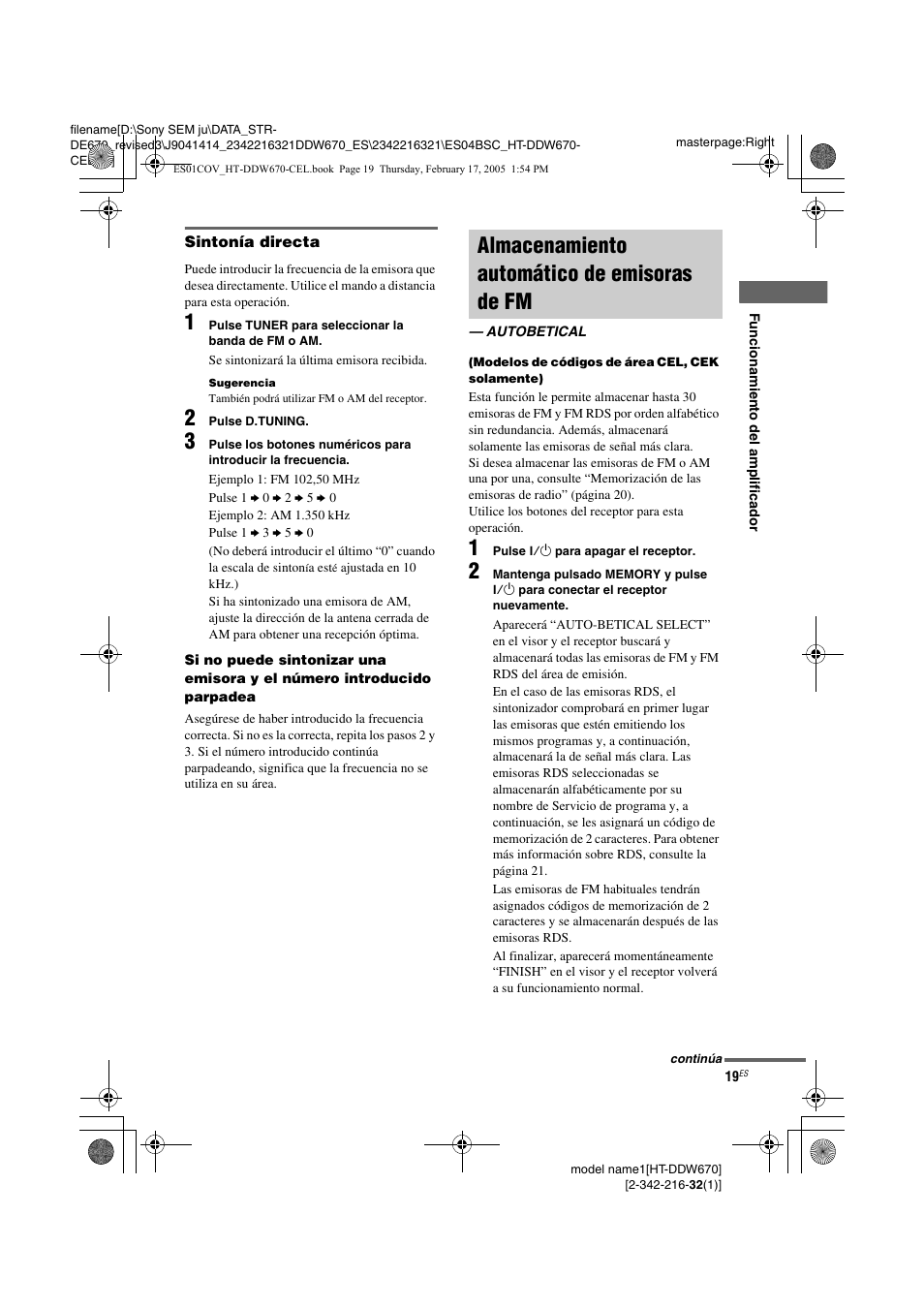 Almacenamiento automático de, Almacenamiento automático de emisoras de fm | Sony HT-DDW670 User Manual | Page 19 / 48