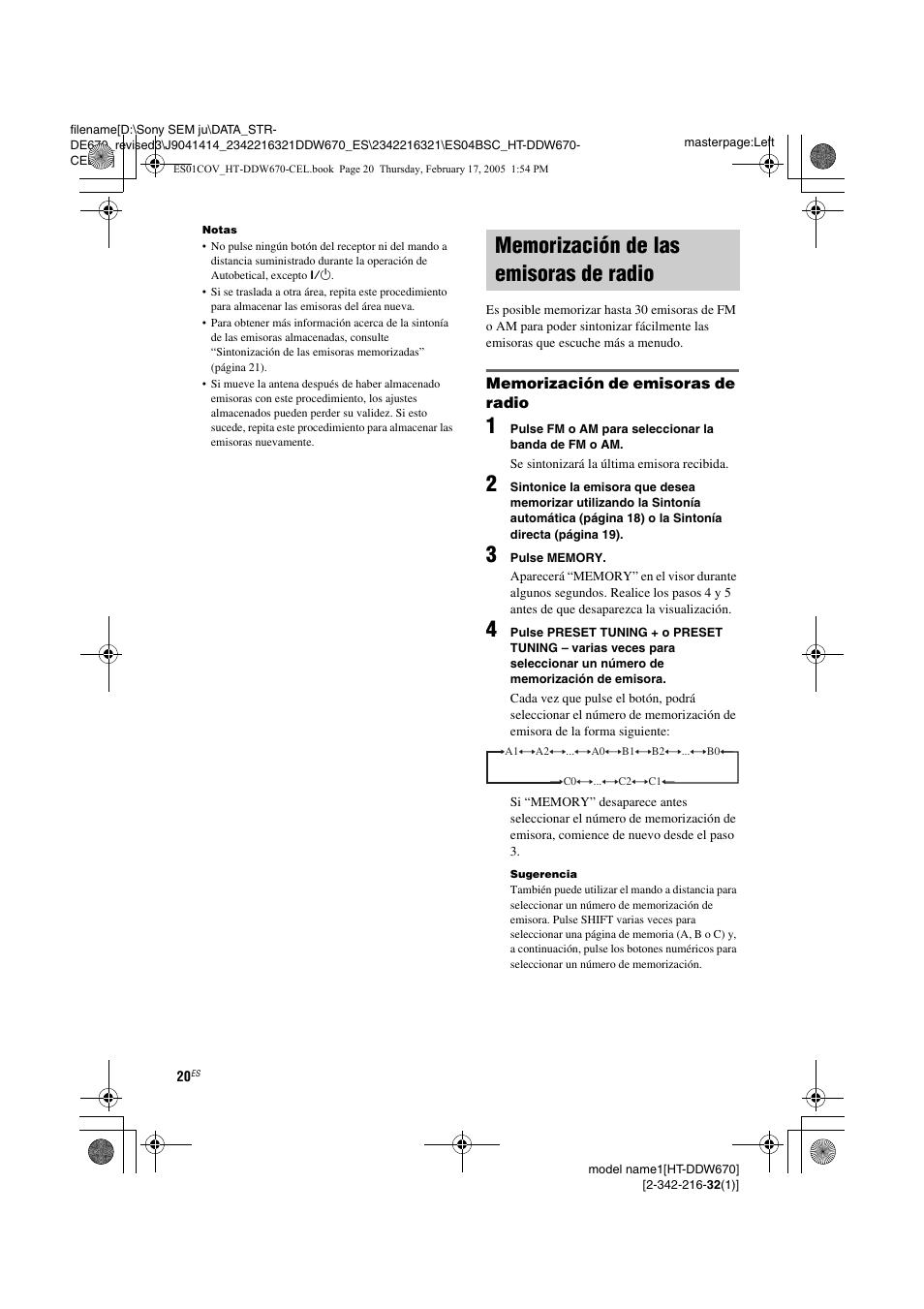 Memorización de las emisoras de, Radio | Sony HT-DDW670 User Manual | Page 20 / 48