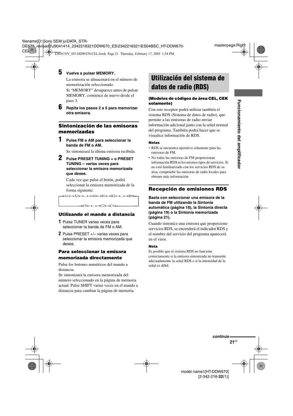 Utilización del sistema de datos de, Utilización del sistema de datos de radio (rds) | Sony HT-DDW670 User Manual | Page 21 / 48