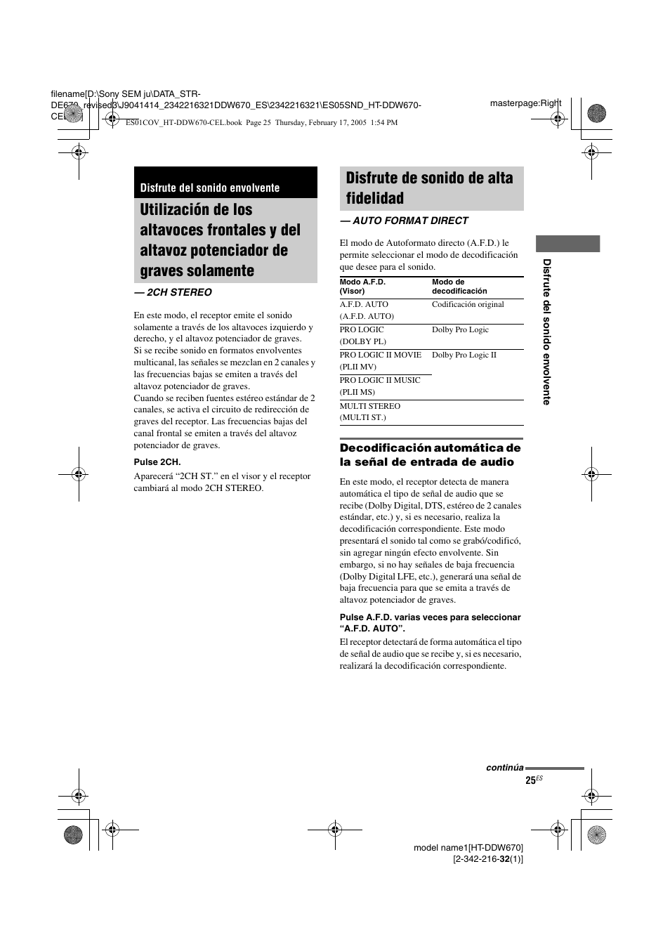 Disfrute del sonido envolvente, Utilización de los altavoces frontales y, Disfrute de sonido de alta fidelidad | Auto format direct | Sony HT-DDW670 User Manual | Page 25 / 48