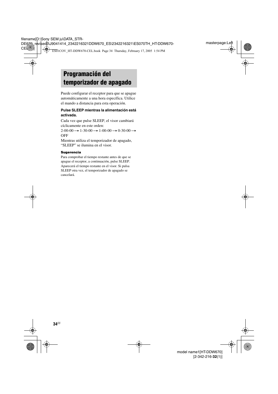 Programación del temporizador de, Apagado, Programación del temporizador de apagado | Sony HT-DDW670 User Manual | Page 34 / 48