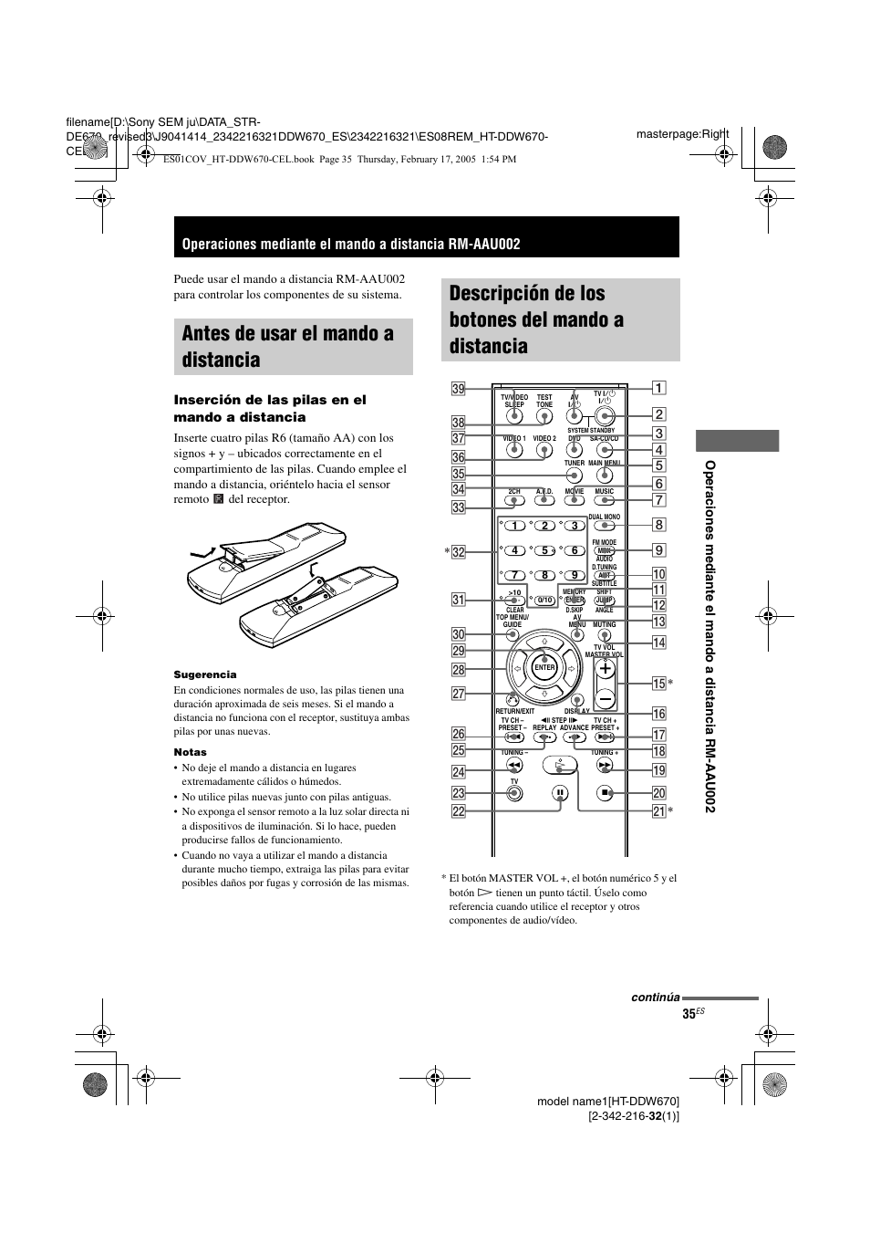 Antes de usar el mando a distancia | Sony HT-DDW670 User Manual | Page 35 / 48