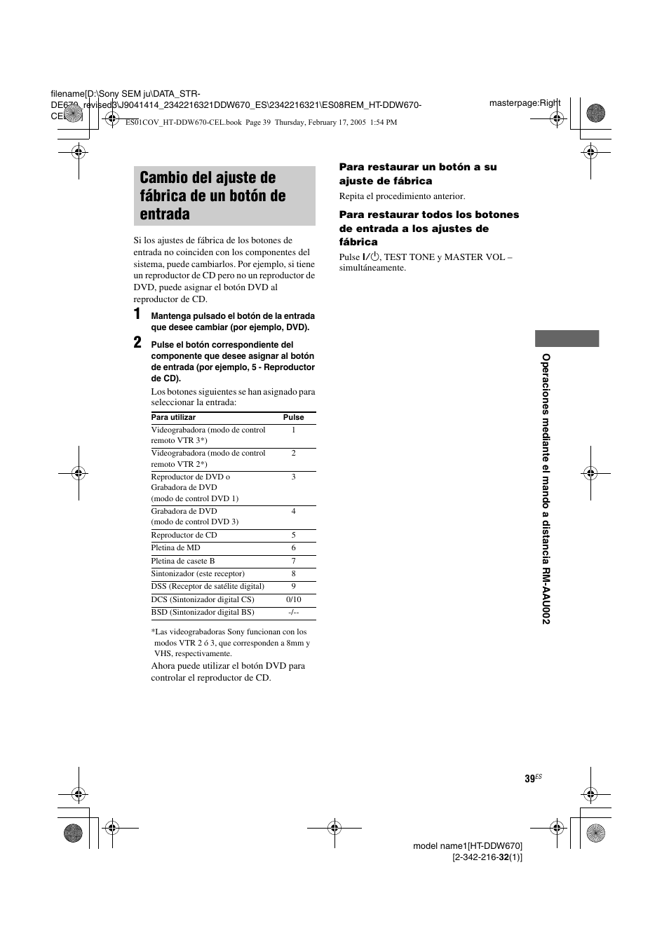 Cambio del ajuste de fábrica de un botón, De entrada | Sony HT-DDW670 User Manual | Page 39 / 48