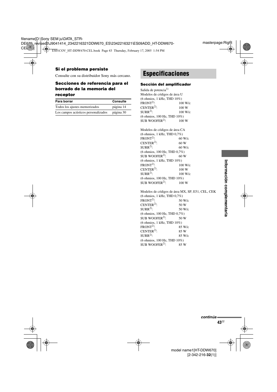 Especificaciones | Sony HT-DDW670 User Manual | Page 43 / 48
