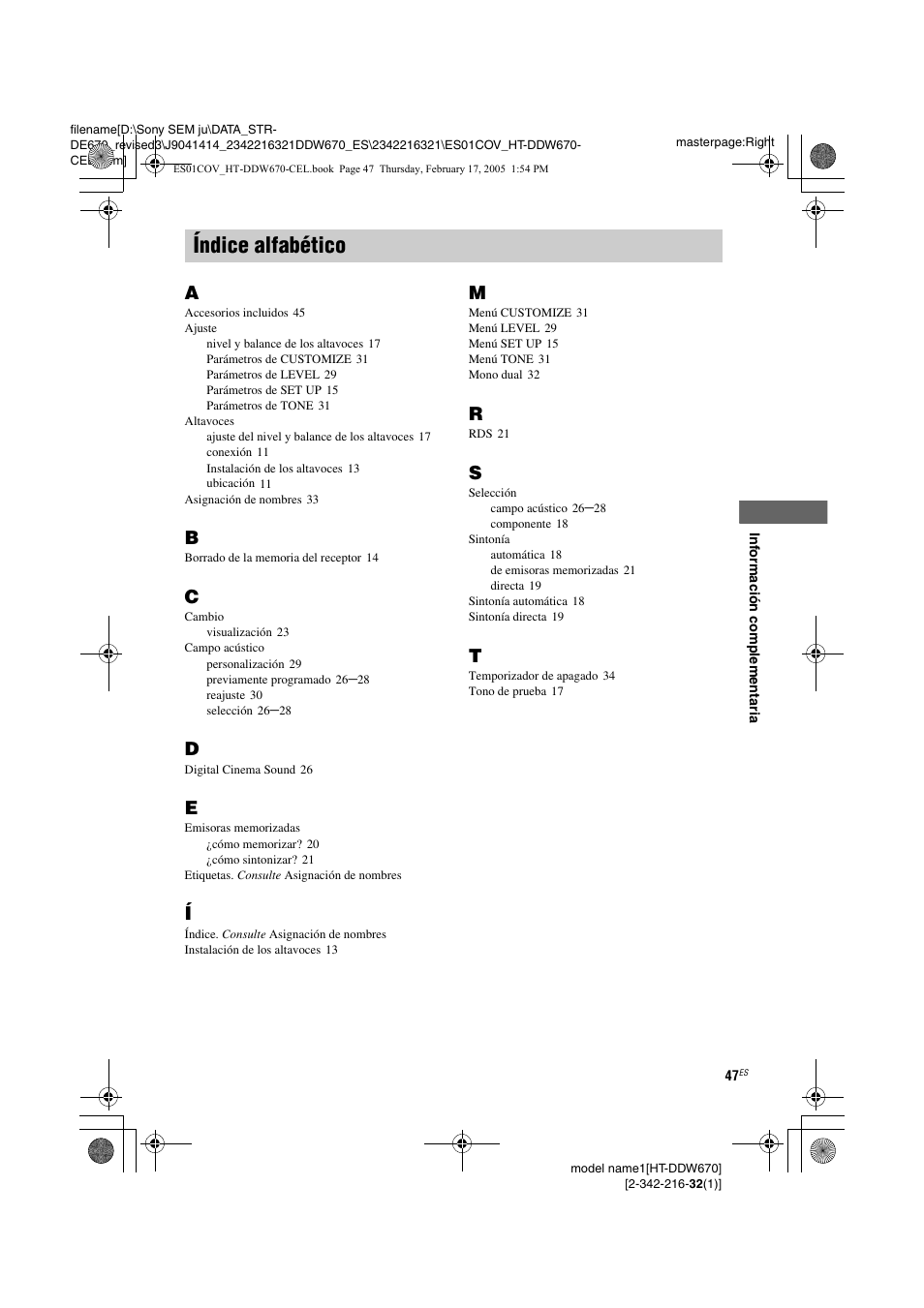 Índice alfabético | Sony HT-DDW670 User Manual | Page 47 / 48