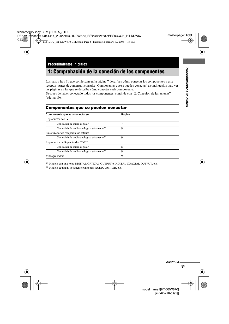 Procedimientos iniciales, Comprobación de la conexión de los, Componentes | Comprobación de la conexión de los componentes | Sony HT-DDW670 User Manual | Page 5 / 48