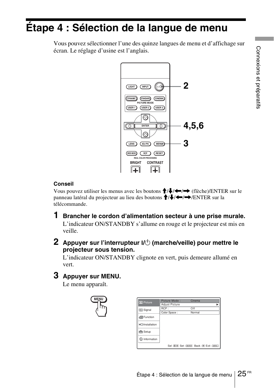 Étape 4 : sélection de la langue de menu, Appuyer sur l’interrupteur, Appuyer sur menu. le menu apparaît | Co n nex io ns e t pr ép ar at ifs | Sony VPL-VW100 User Manual | Page 111 / 259