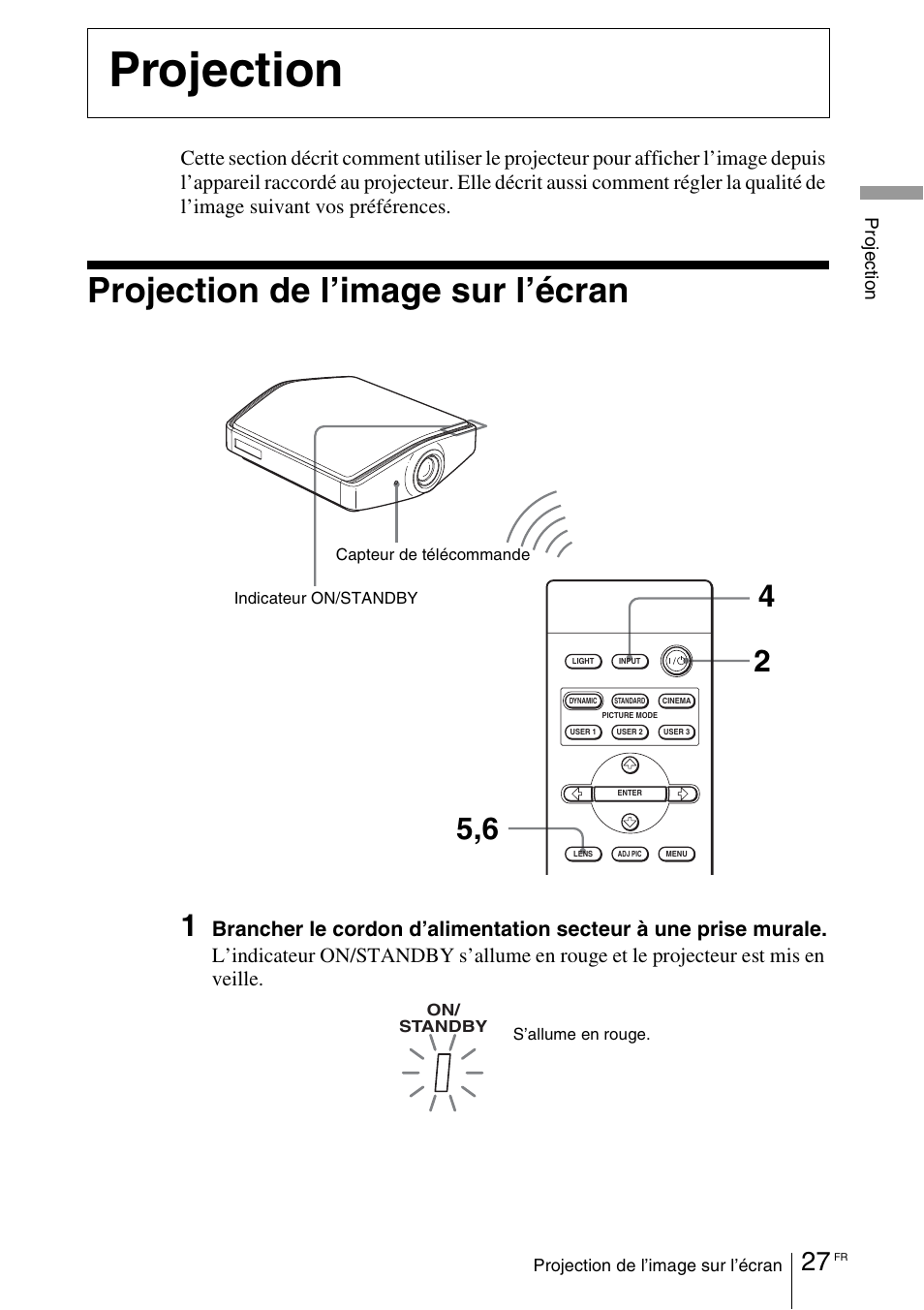 Projection, Projection de l’image sur l’écran | Sony VPL-VW100 User Manual | Page 113 / 259