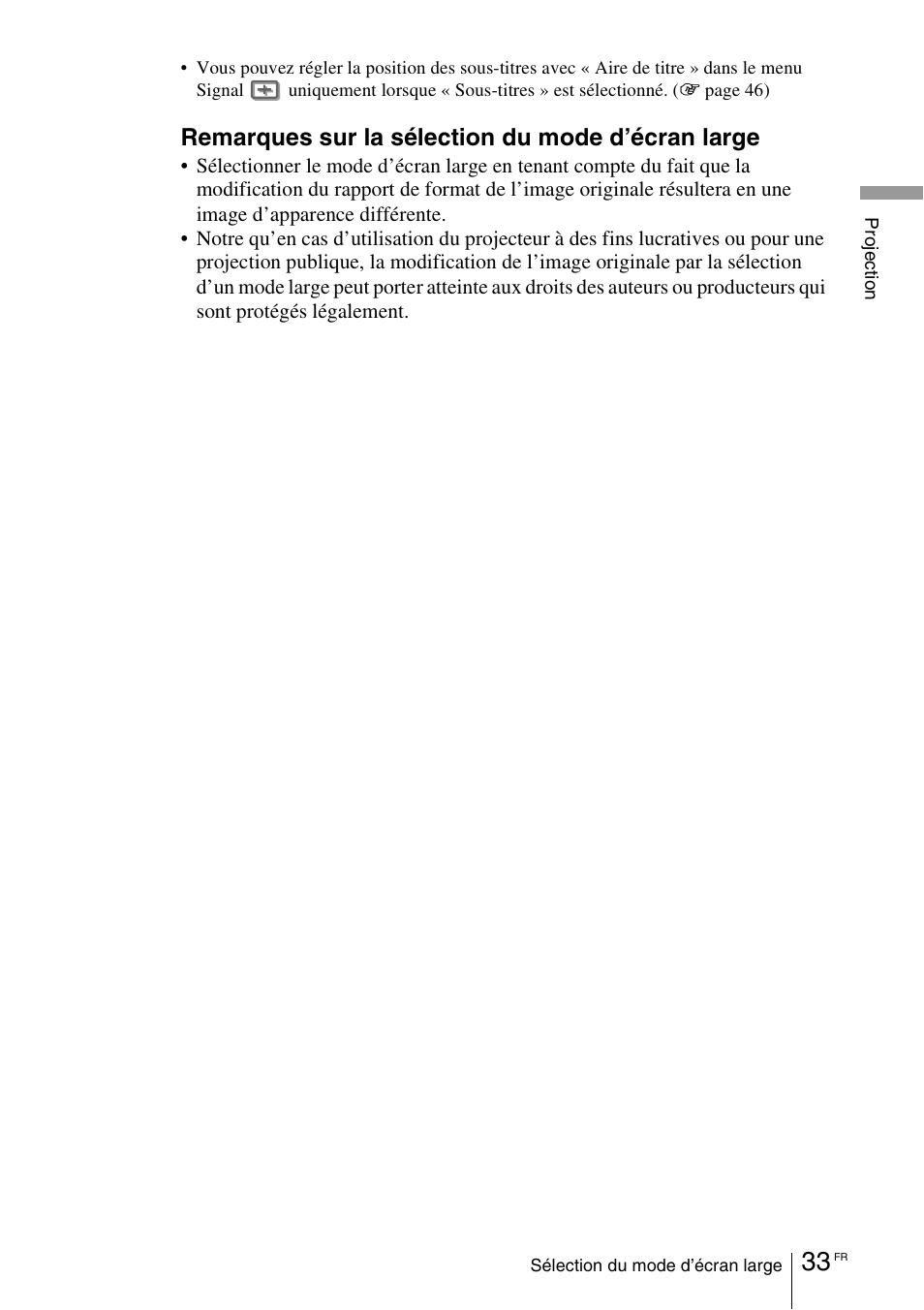 Remarques sur la sélection du mode d’écran large | Sony VPL-VW100 User Manual | Page 119 / 259