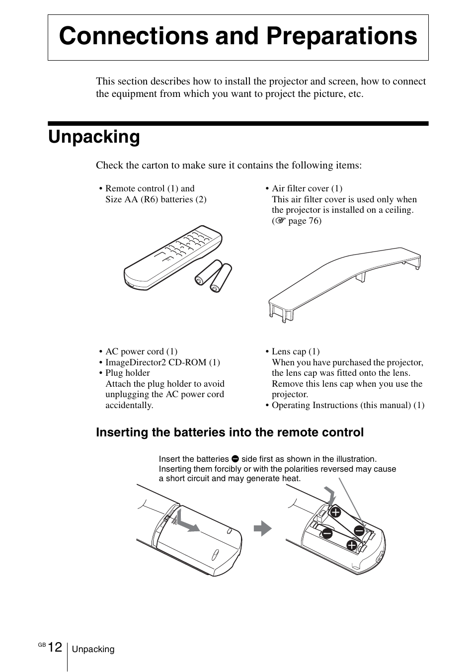 Connections and preparations, Unpacking | Sony VPL-VW100 User Manual | Page 12 / 259