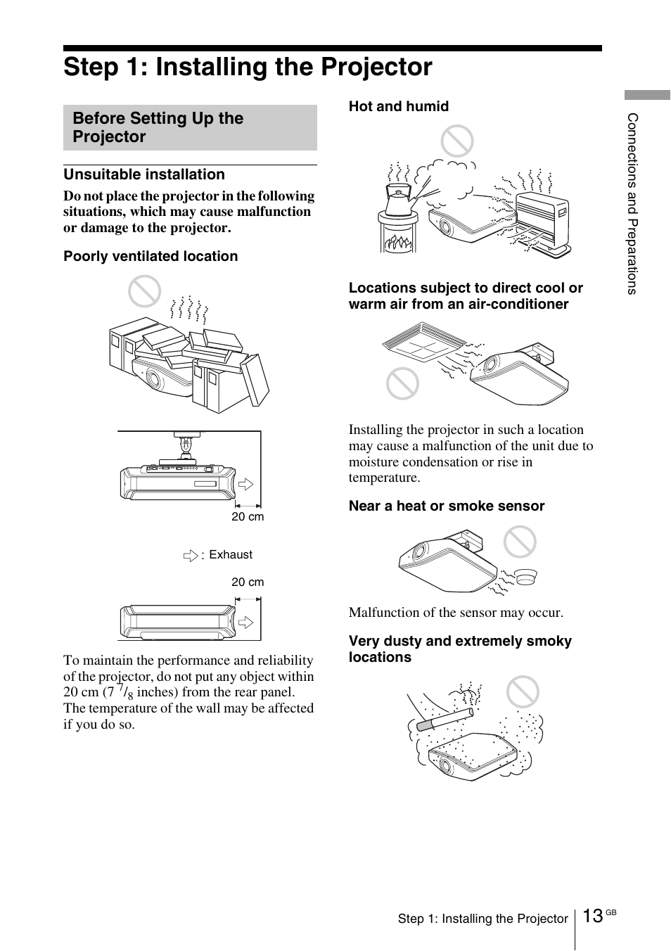 Step 1: installing the projector, Before setting up the projector, Before setting up the | Projector | Sony VPL-VW100 User Manual | Page 13 / 259