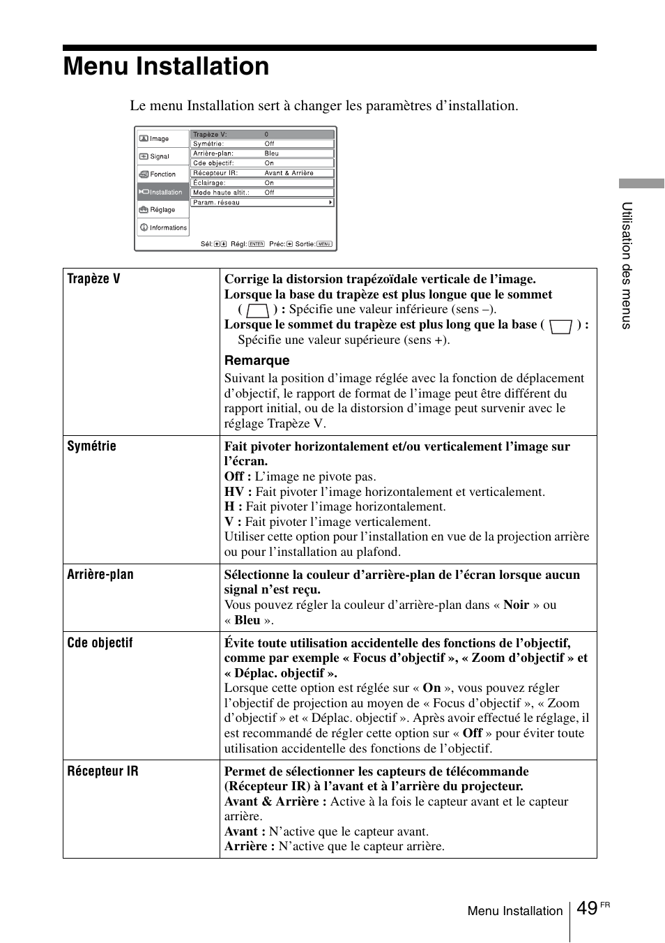 Menu installation | Sony VPL-VW100 User Manual | Page 135 / 259