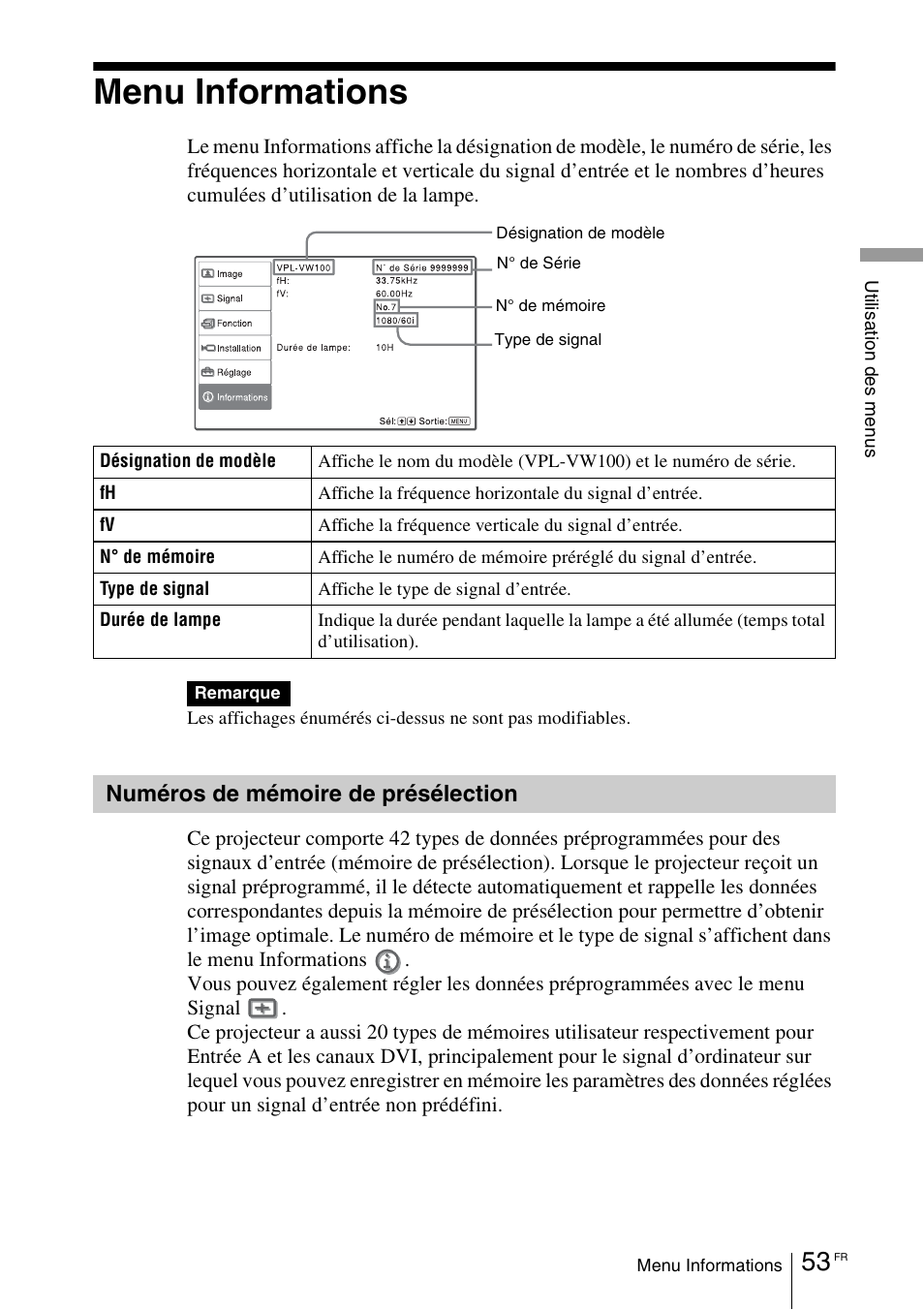 Menu informations, Numéros de mémoire de présélection, Numéros de mémoire de | Présélection | Sony VPL-VW100 User Manual | Page 139 / 259