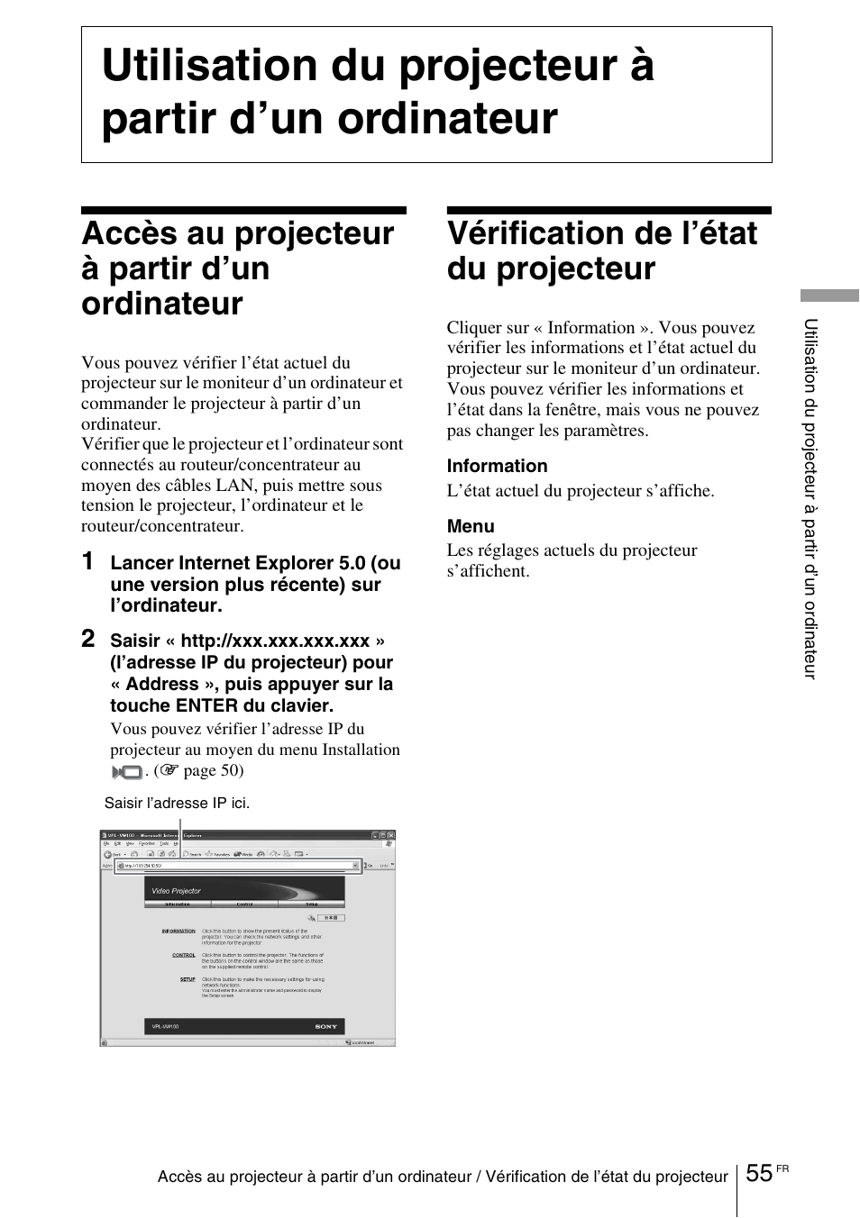 Utilisation du projecteur à partir d’un ordinateur, Accès au projecteur à partir d’un ordinateur, Vérification de l’état du projecteur | Sony VPL-VW100 User Manual | Page 141 / 259