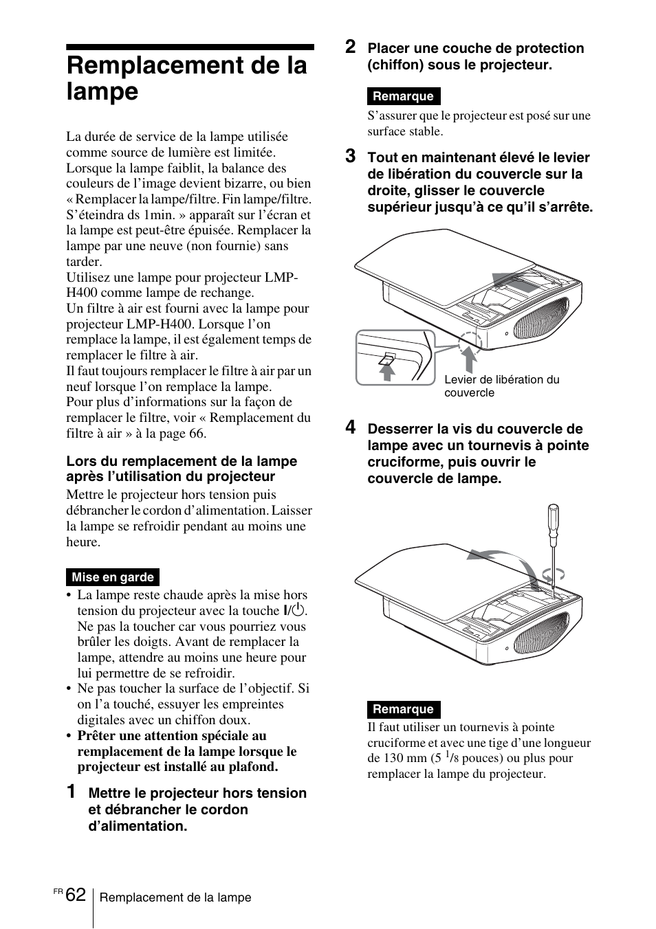 Remplacement de la lampe, S 62 et | Sony VPL-VW100 User Manual | Page 148 / 259