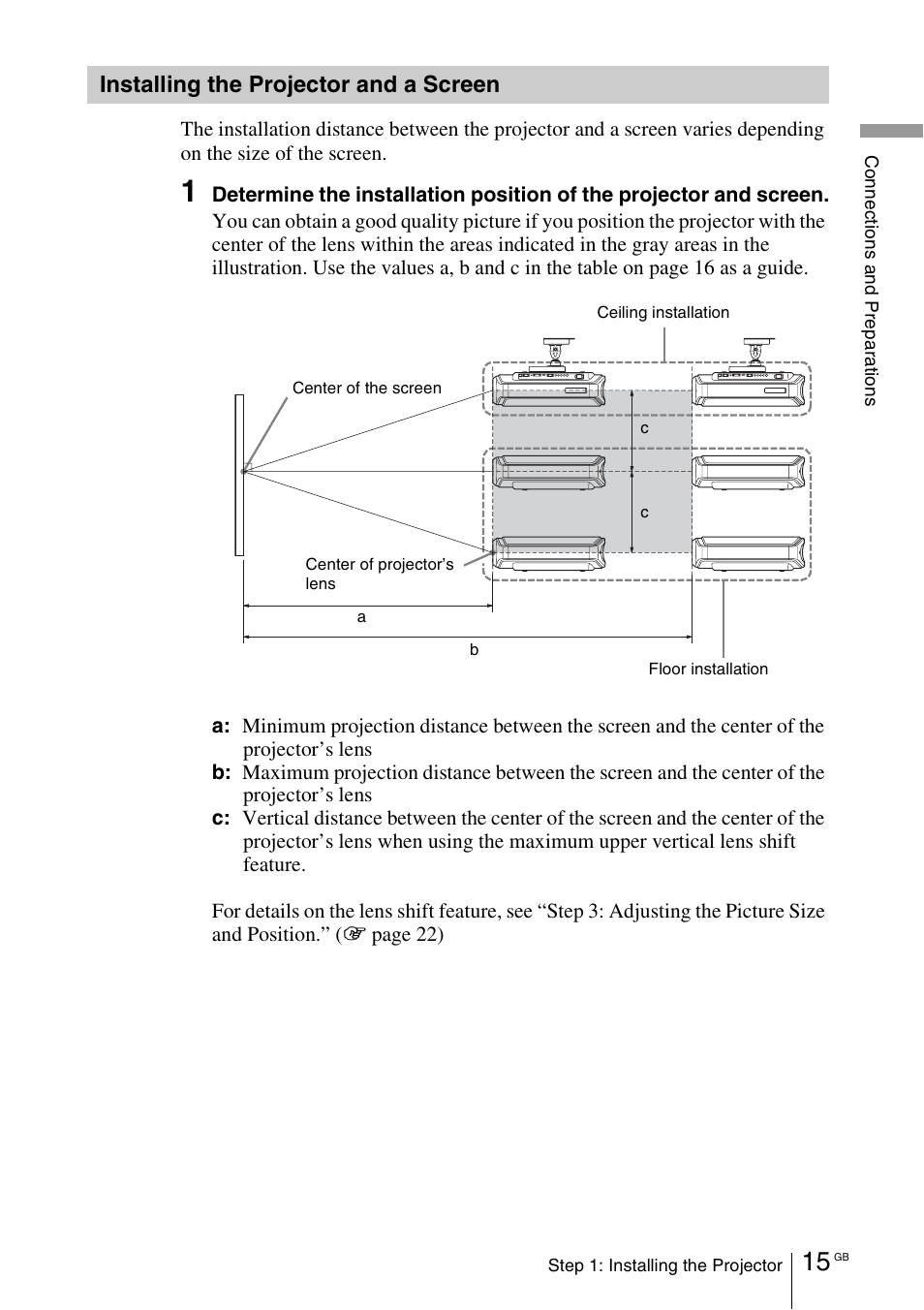 Installing the projector and a screen, Installing the projector and a, Screen | Sony VPL-VW100 User Manual | Page 15 / 259