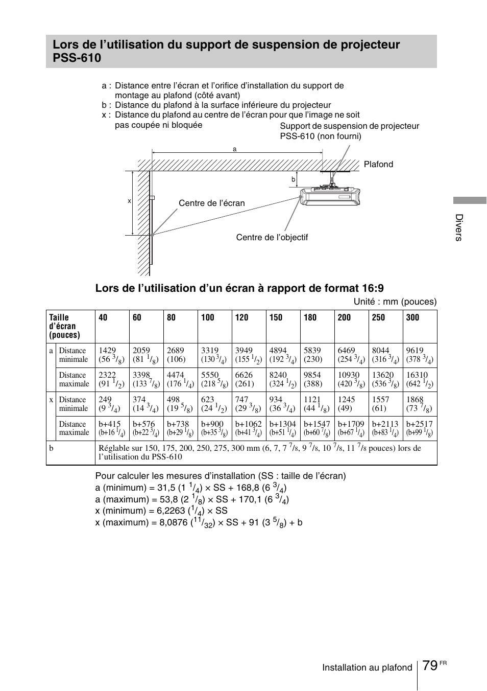Lors de l’utilisation du support de, Suspension de projecteur pss-610, Di v e rs | Sony VPL-VW100 User Manual | Page 165 / 259