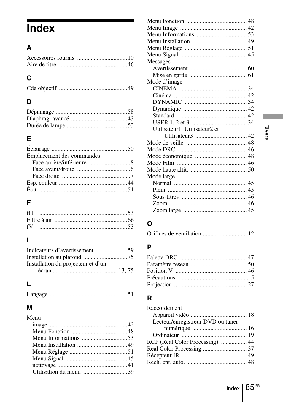 Index | Sony VPL-VW100 User Manual | Page 171 / 259