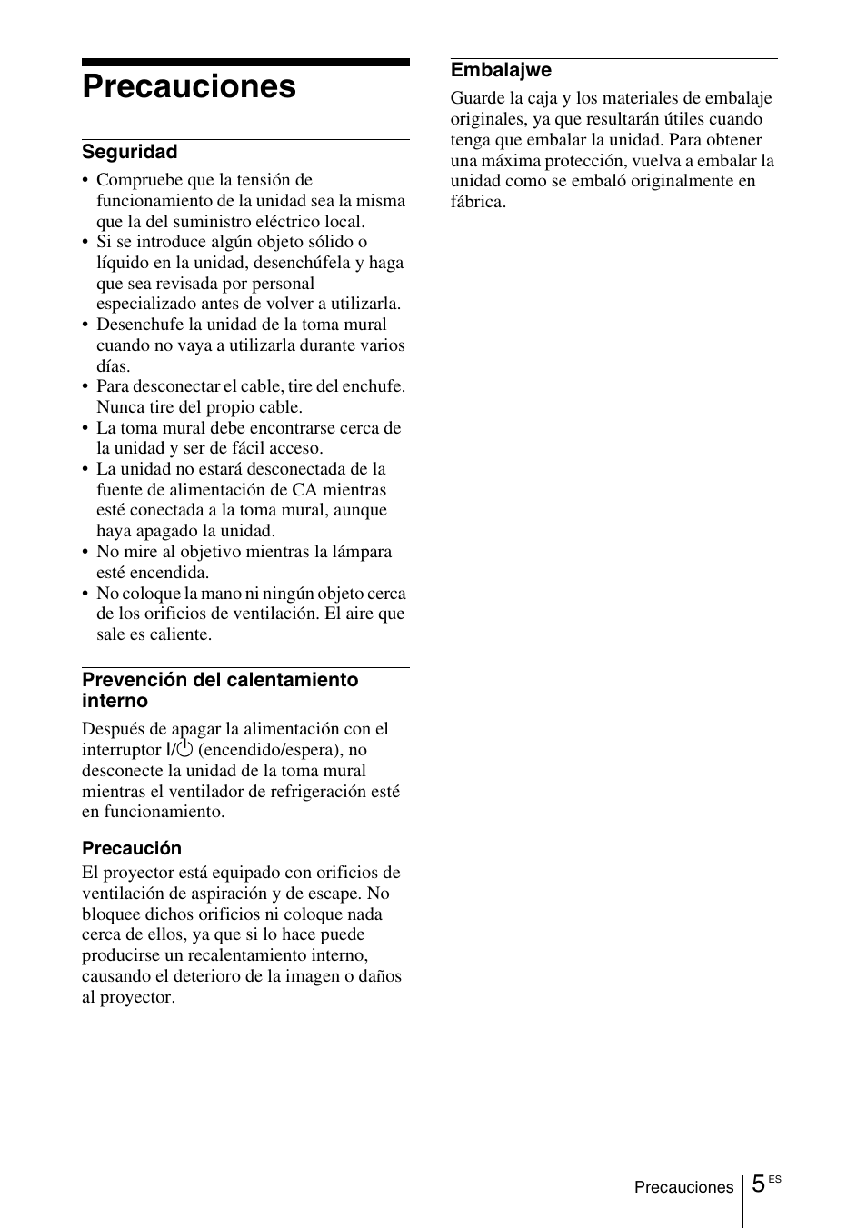 Precauciones | Sony VPL-VW100 User Manual | Page 177 / 259