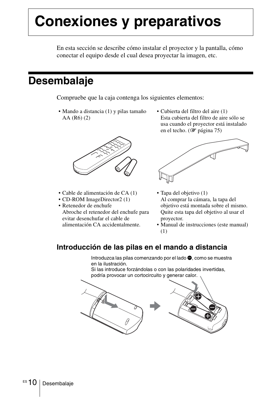 Conexiones y preparativos, Desembalaje | Sony VPL-VW100 User Manual | Page 182 / 259