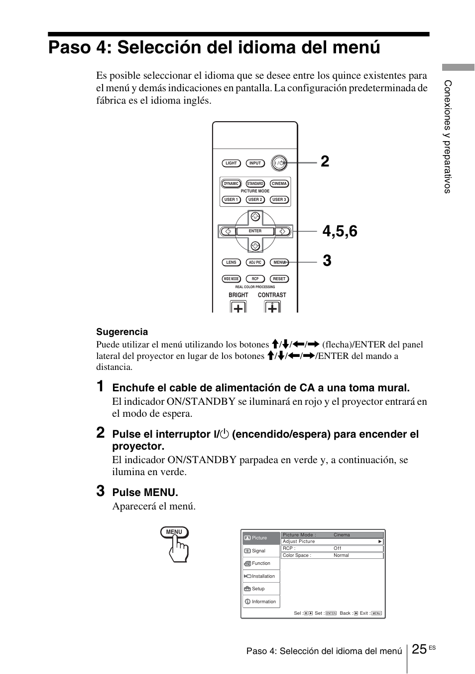 Paso 4: selección del idioma del menú, Pulse el interruptor, Pulse menu. aparecerá el menú | Sony VPL-VW100 User Manual | Page 197 / 259