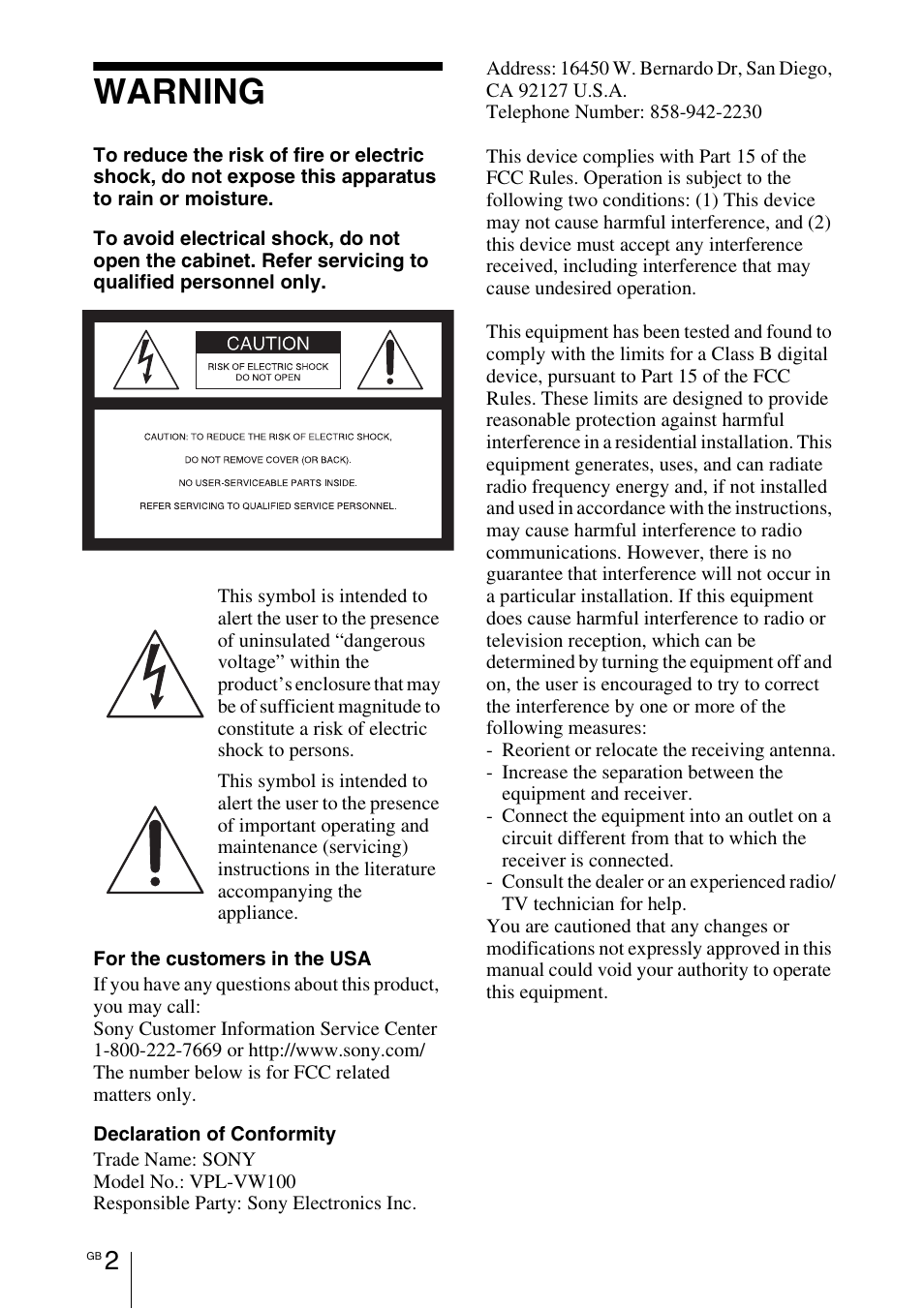 Warning | Sony VPL-VW100 User Manual | Page 2 / 259