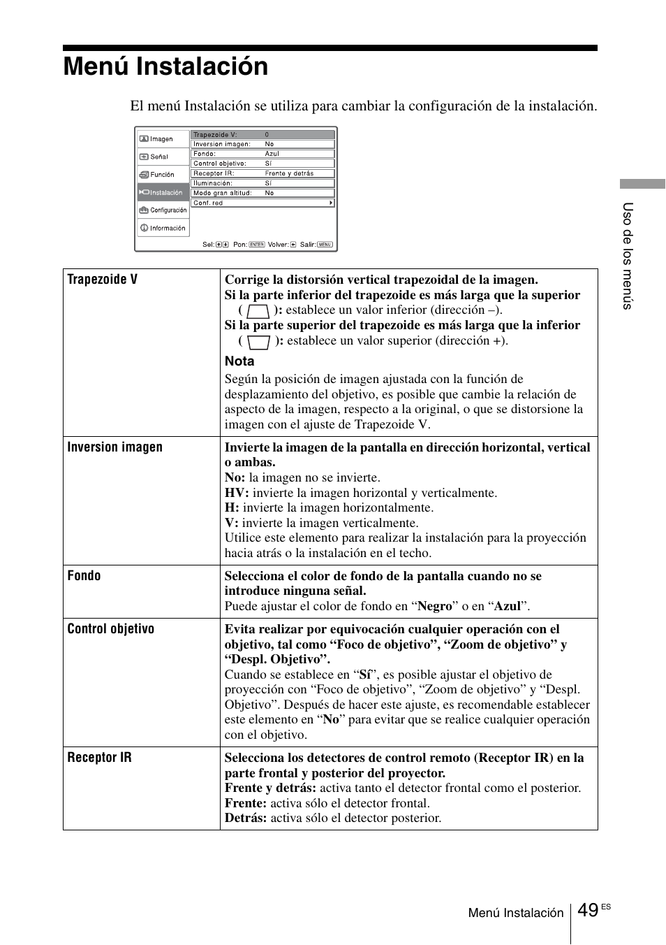 Menú instalación | Sony VPL-VW100 User Manual | Page 221 / 259