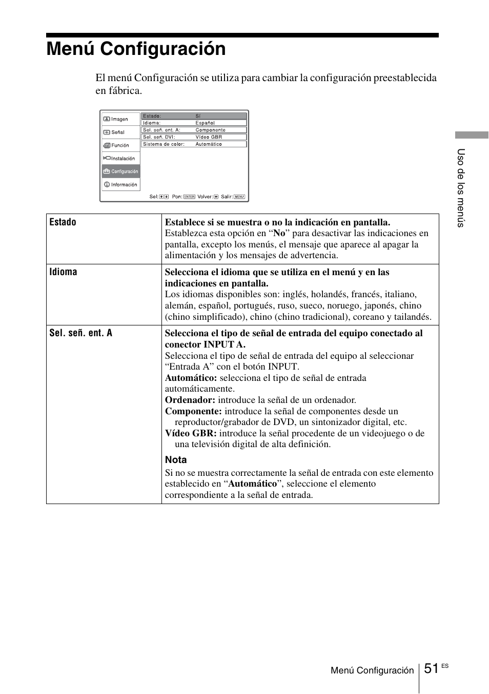 Menú configuración | Sony VPL-VW100 User Manual | Page 223 / 259