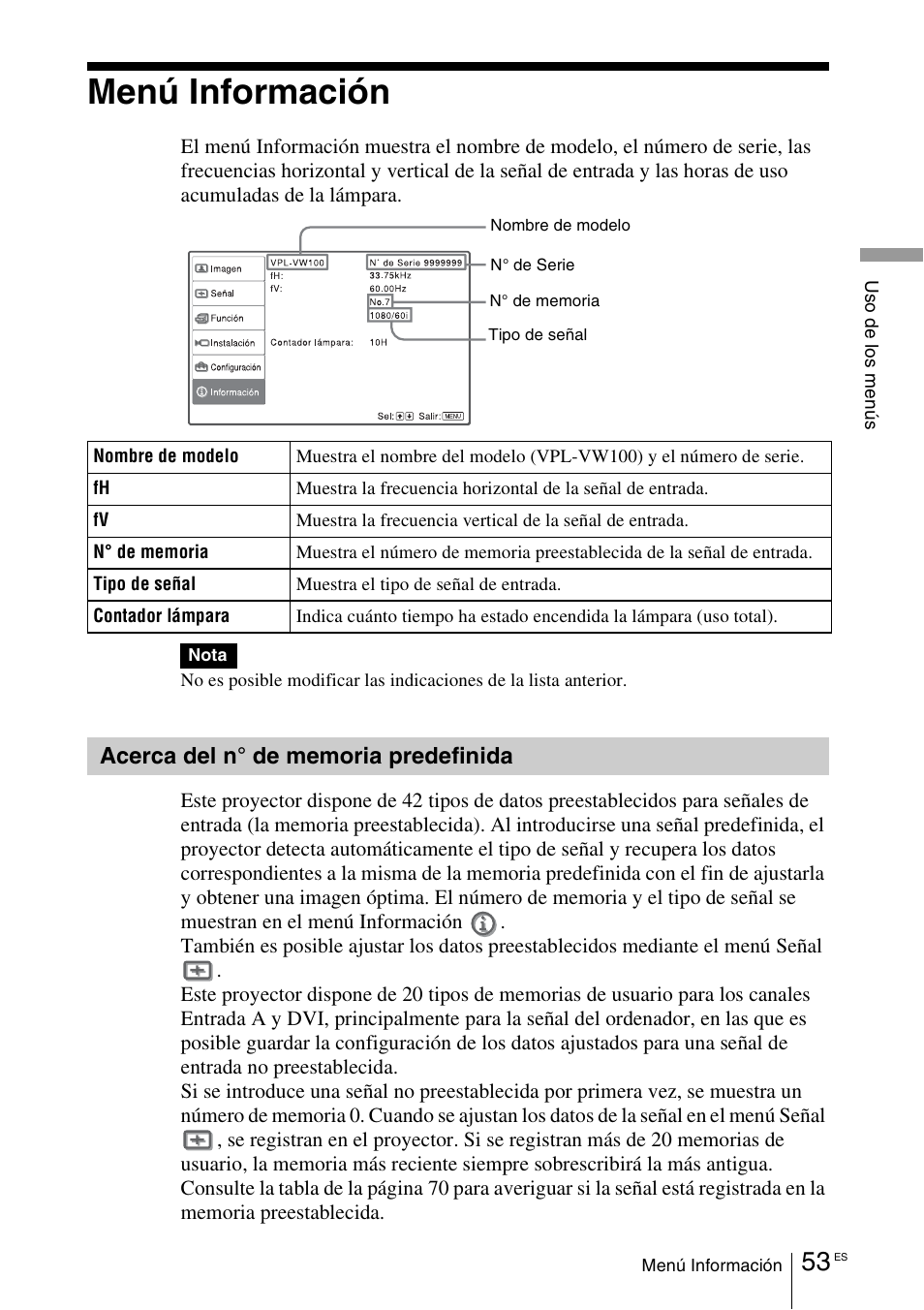 Menú información, Acerca del n˚ de memoria predefinida, Acerca del n° de memoria | Predefinida | Sony VPL-VW100 User Manual | Page 225 / 259