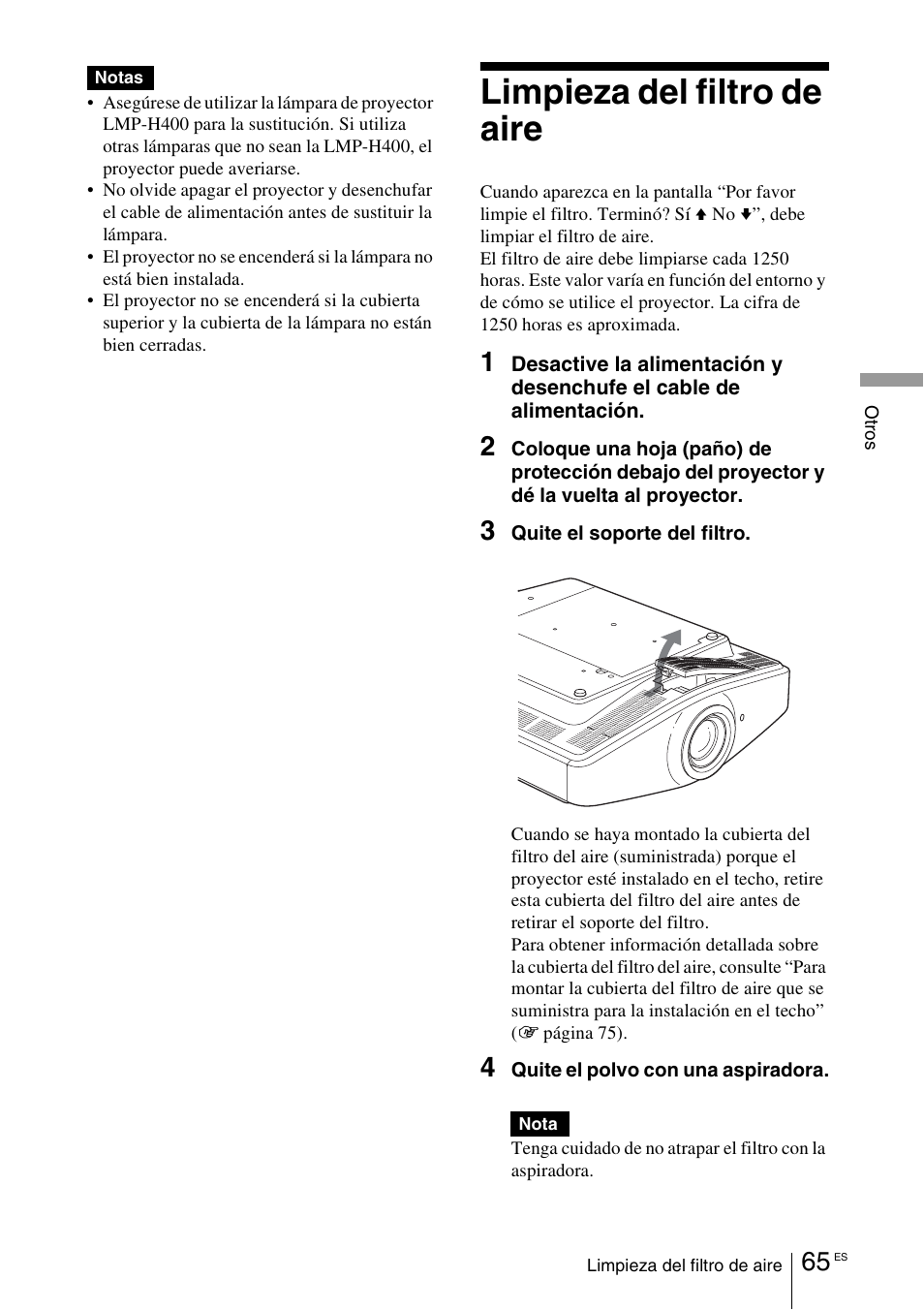 Limpieza del filtro de aire | Sony VPL-VW100 User Manual | Page 237 / 259