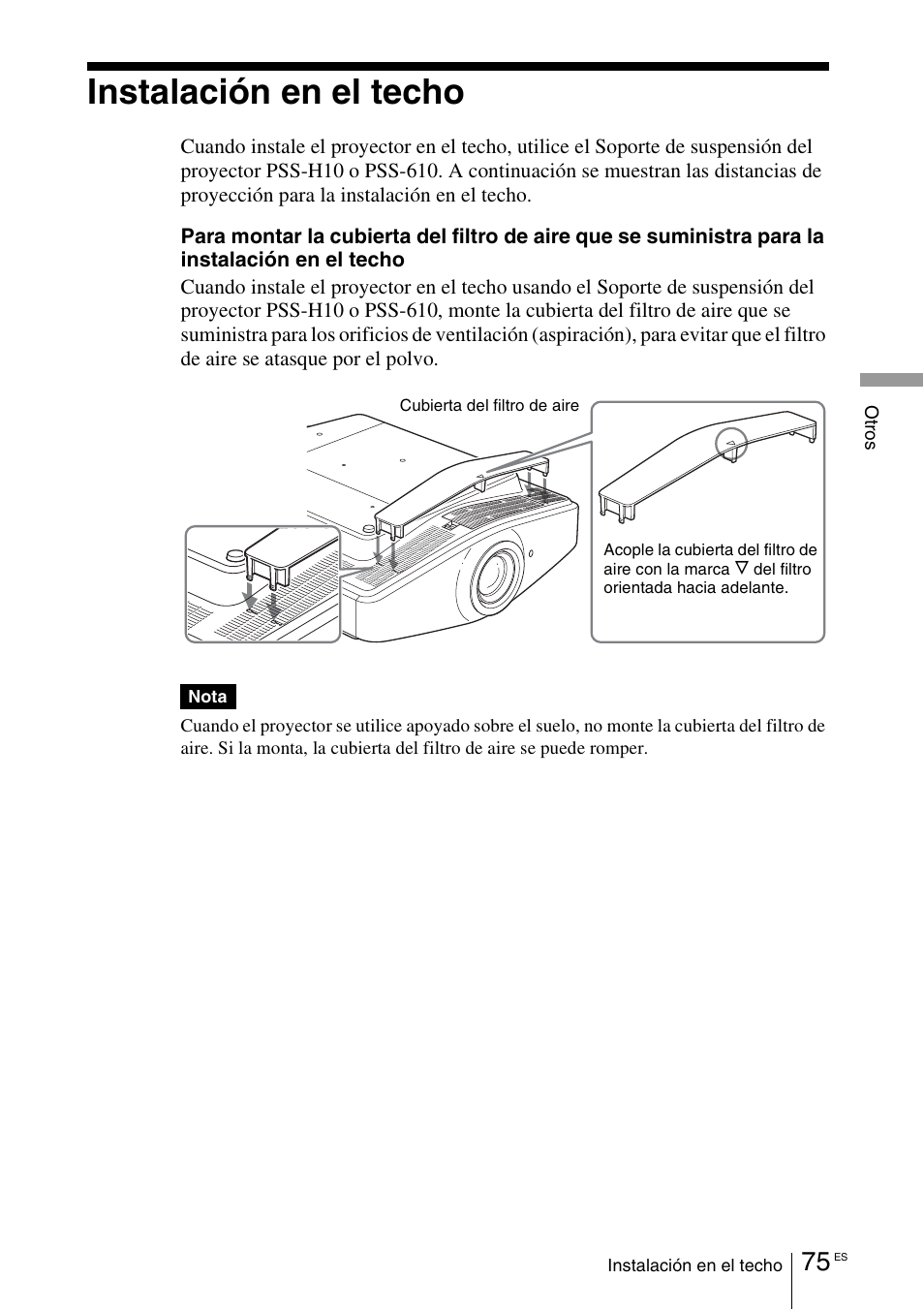 Instalación en el techo, Lte “instalación en el techo | Sony VPL-VW100 User Manual | Page 247 / 259