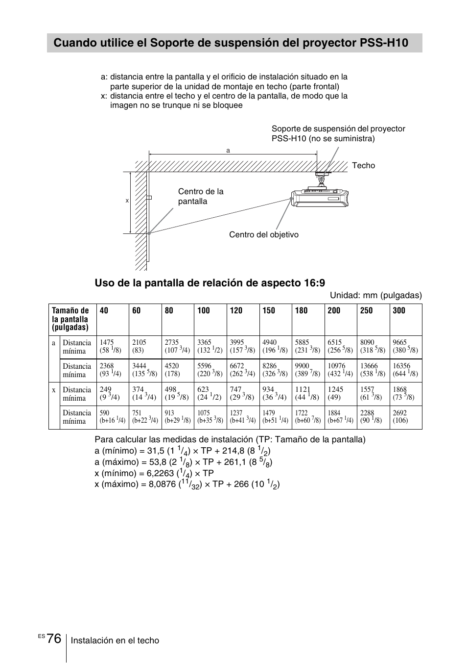Cuando utilice el soporte de, Suspensión del proyector pss-h10, Uso de la pantalla de relación de aspecto 16:9 | Sony VPL-VW100 User Manual | Page 248 / 259