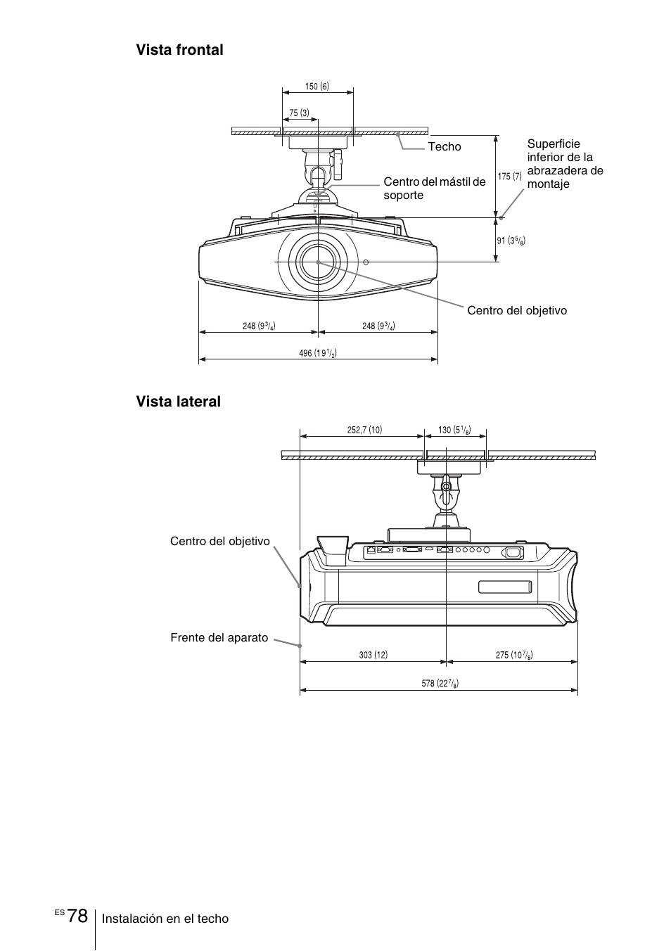 Vista frontal vista lateral | Sony VPL-VW100 User Manual | Page 250 / 259