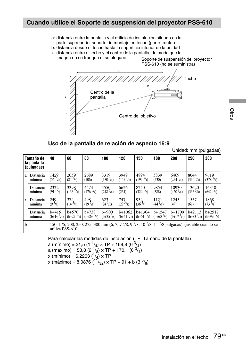 Cuando utilice el soporte de, Suspensión del proyector pss-610, Uso de la pantalla de relación de aspecto 16:9 | Ot ro s | Sony VPL-VW100 User Manual | Page 251 / 259