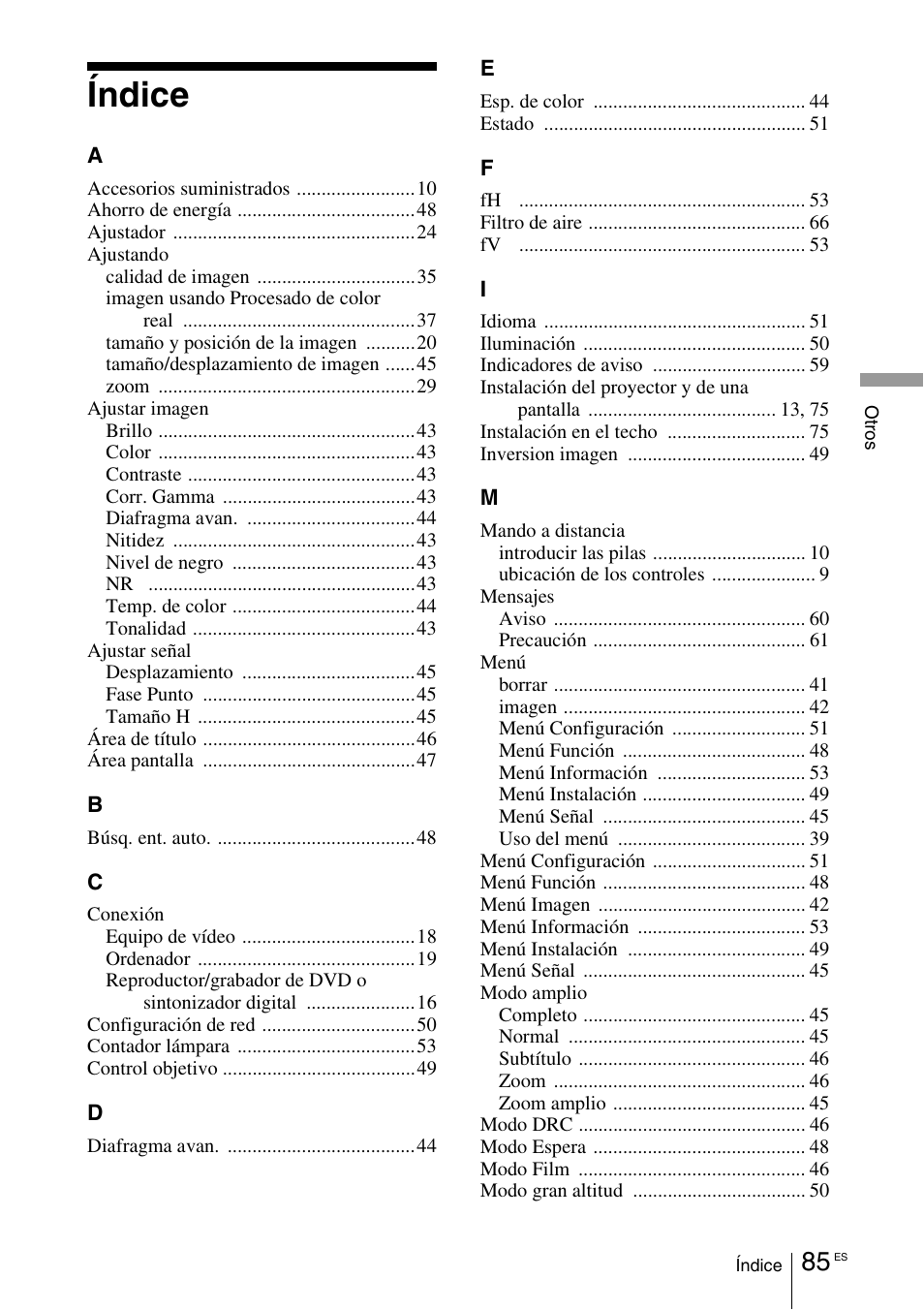 Índice | Sony VPL-VW100 User Manual | Page 257 / 259
