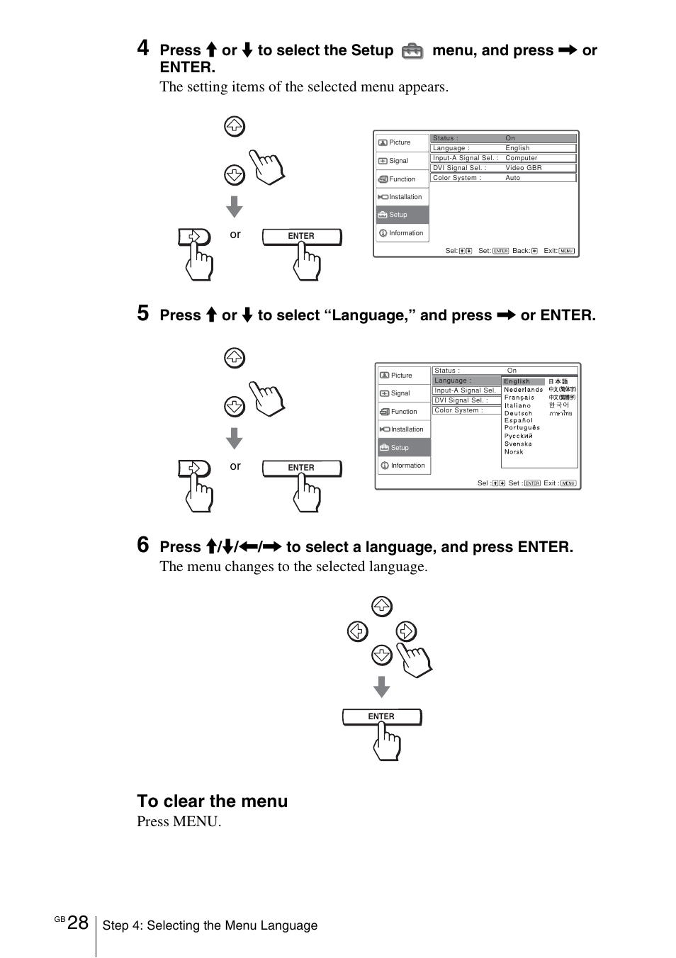 Press menu, Step 4: selecting the menu language | Sony VPL-VW100 User Manual | Page 28 / 259
