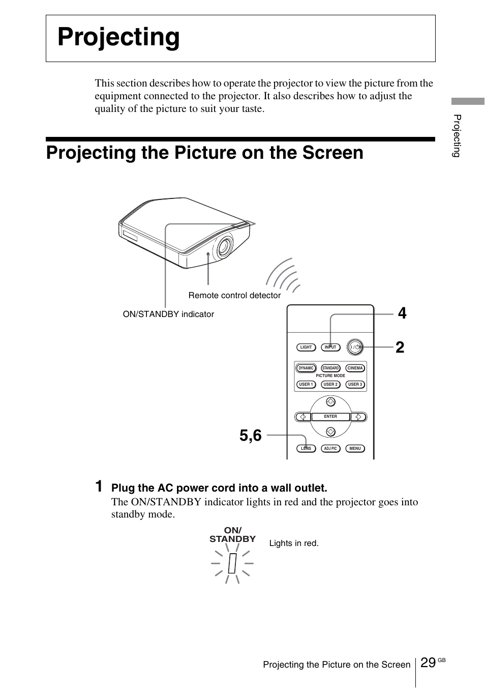 Projecting, Projecting the picture on the screen | Sony VPL-VW100 User Manual | Page 29 / 259