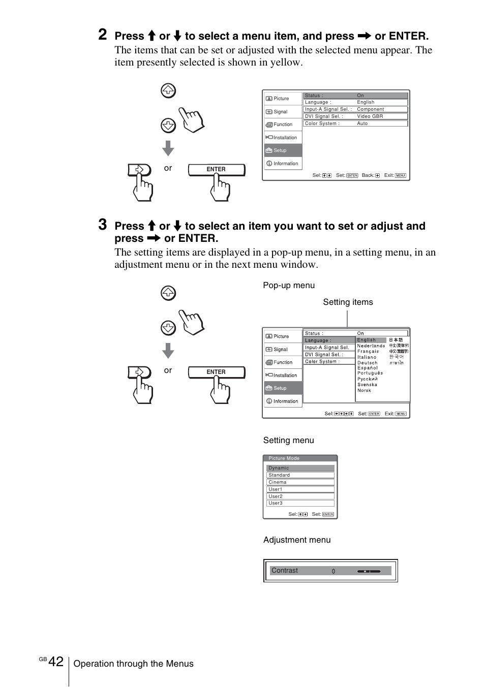 Operation through the menus | Sony VPL-VW100 User Manual | Page 42 / 259