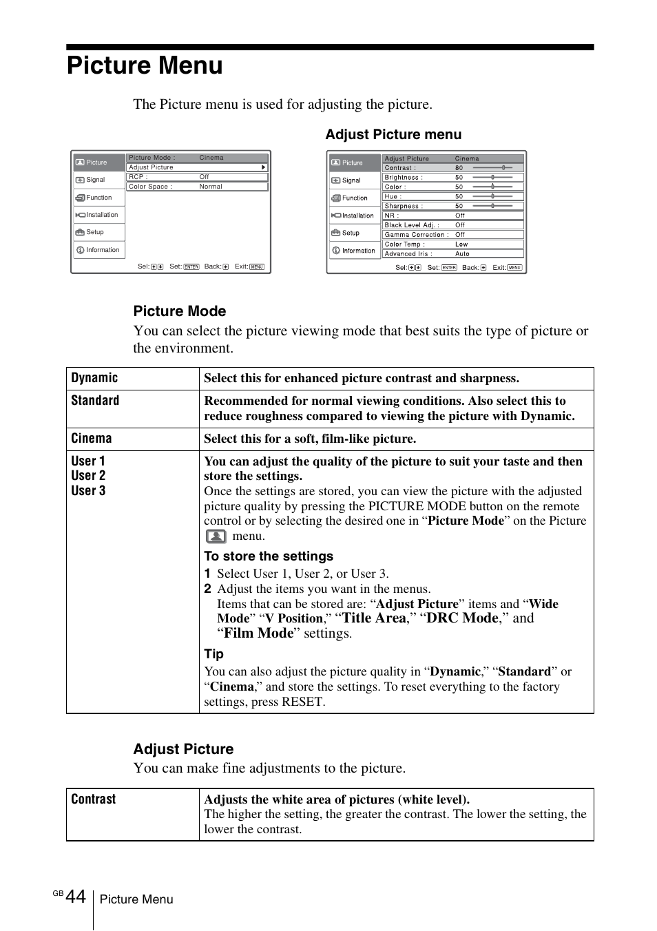 Picture menu, Title area, Drc mode ,” and “ film mode ” settings | Adjust picture menu | Sony VPL-VW100 User Manual | Page 44 / 259
