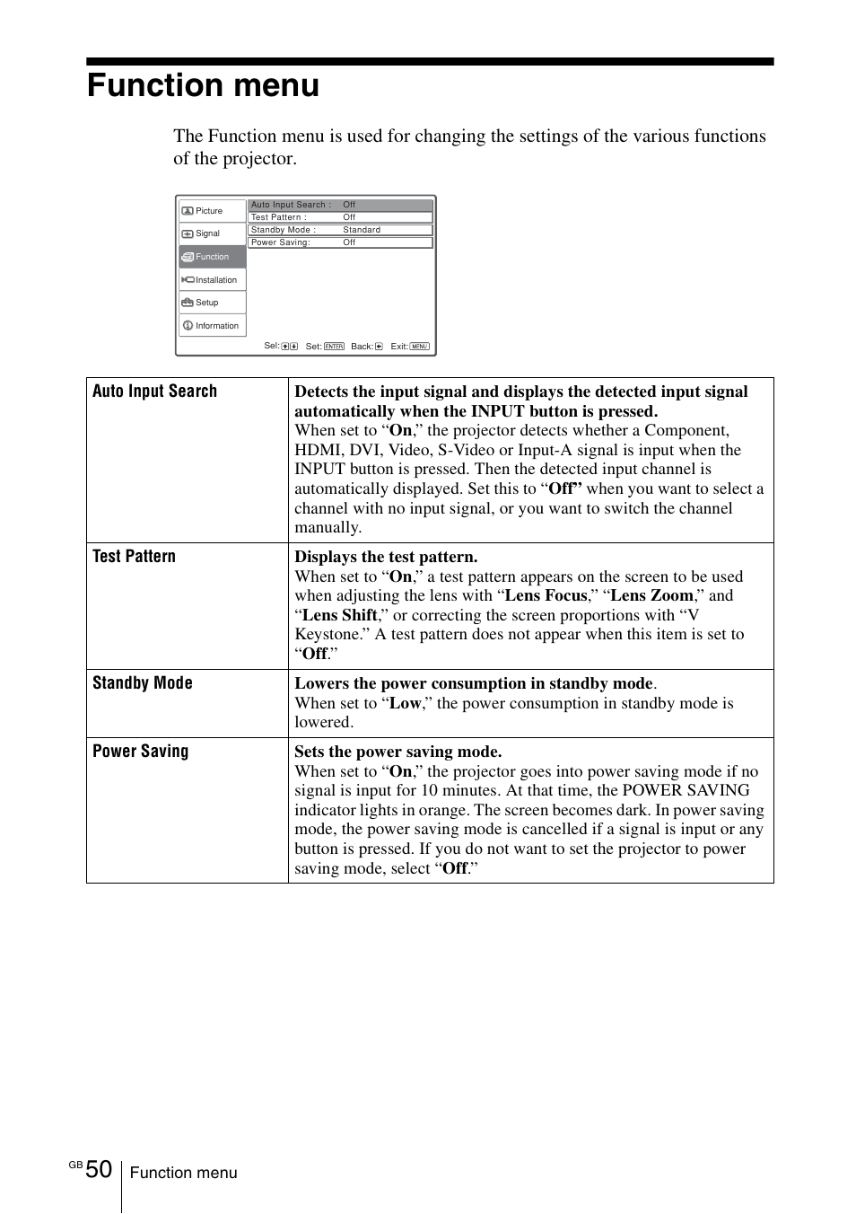 Function menu | Sony VPL-VW100 User Manual | Page 50 / 259