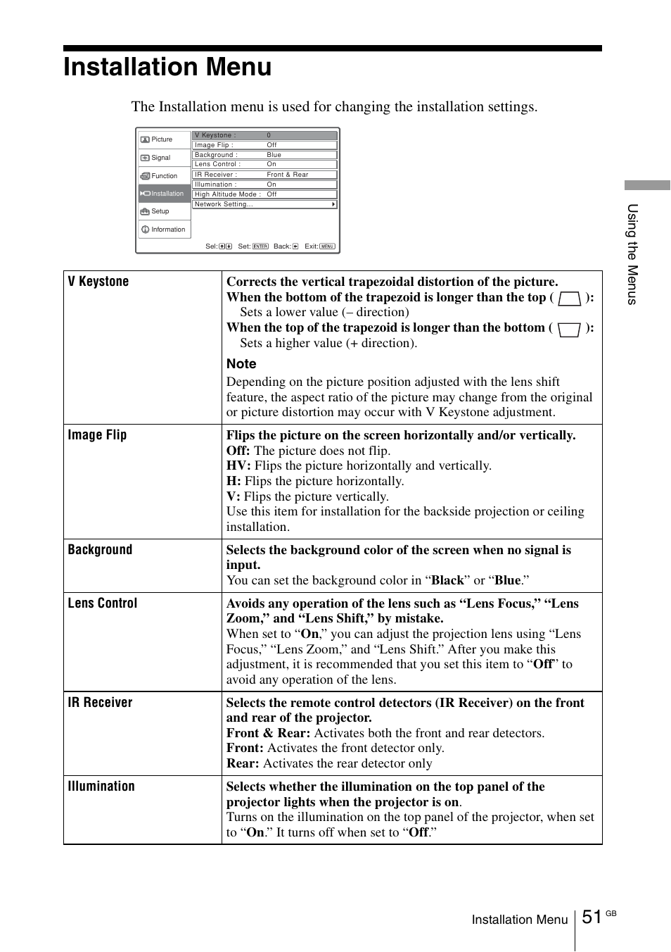 Installation menu | Sony VPL-VW100 User Manual | Page 51 / 259