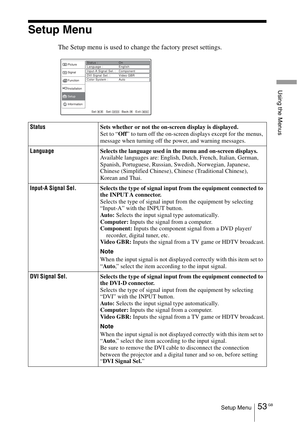 Setup menu | Sony VPL-VW100 User Manual | Page 53 / 259
