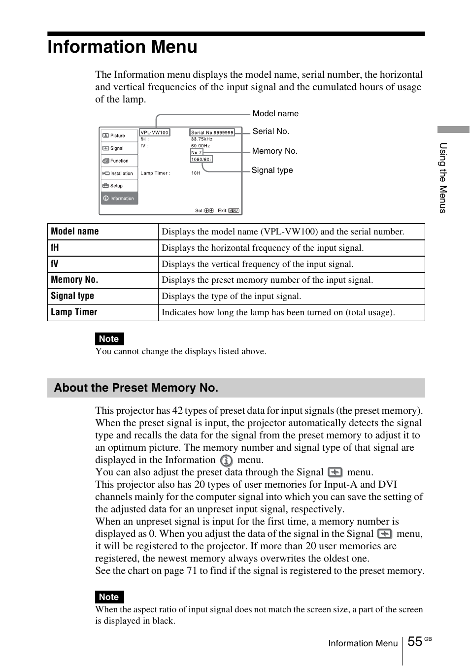 Information menu, About the preset memory no | Sony VPL-VW100 User Manual | Page 55 / 259