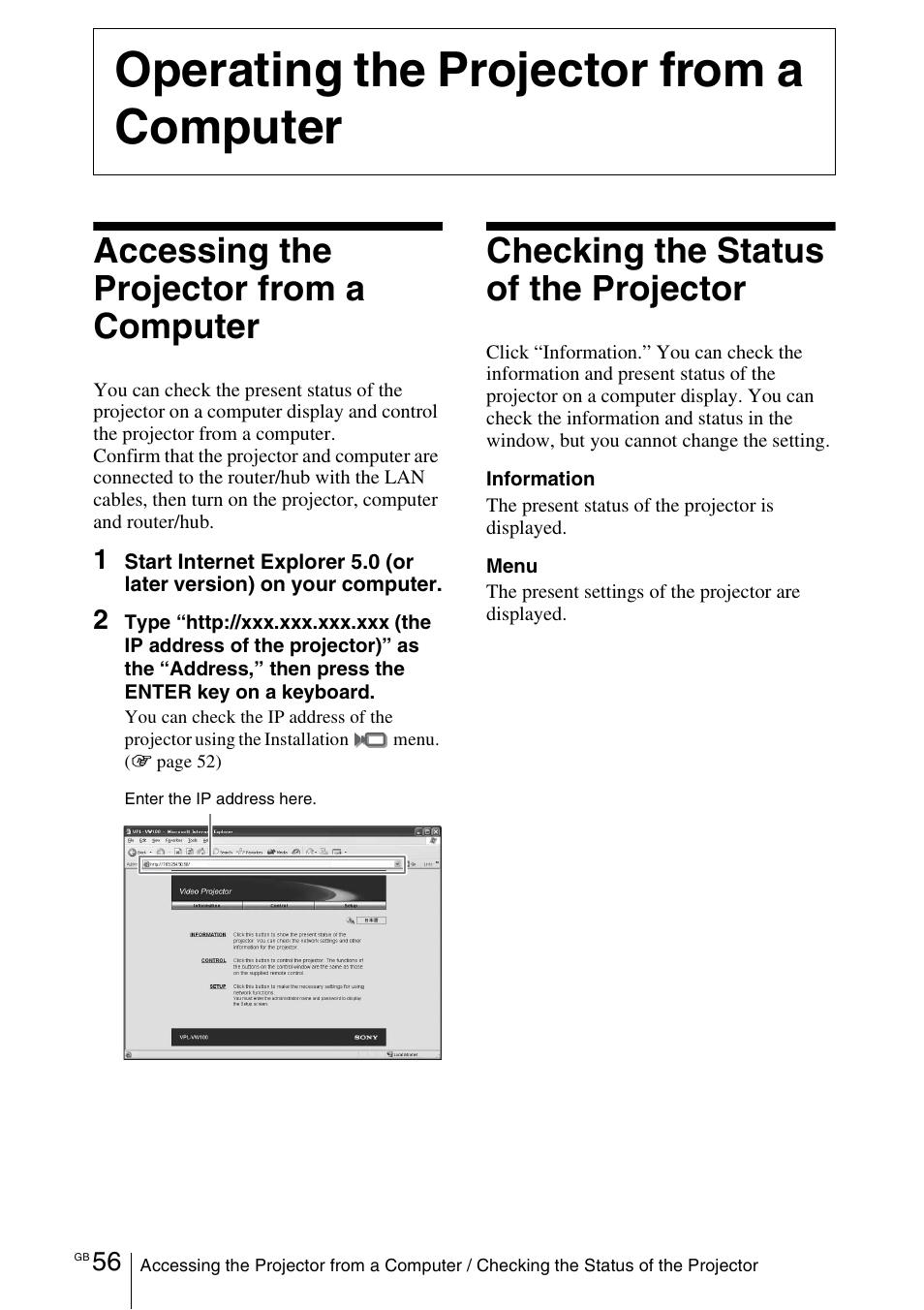 Operating the projector from a computer, Accessing the projector from a computer, Checking the status of the projector | Sony VPL-VW100 User Manual | Page 56 / 259