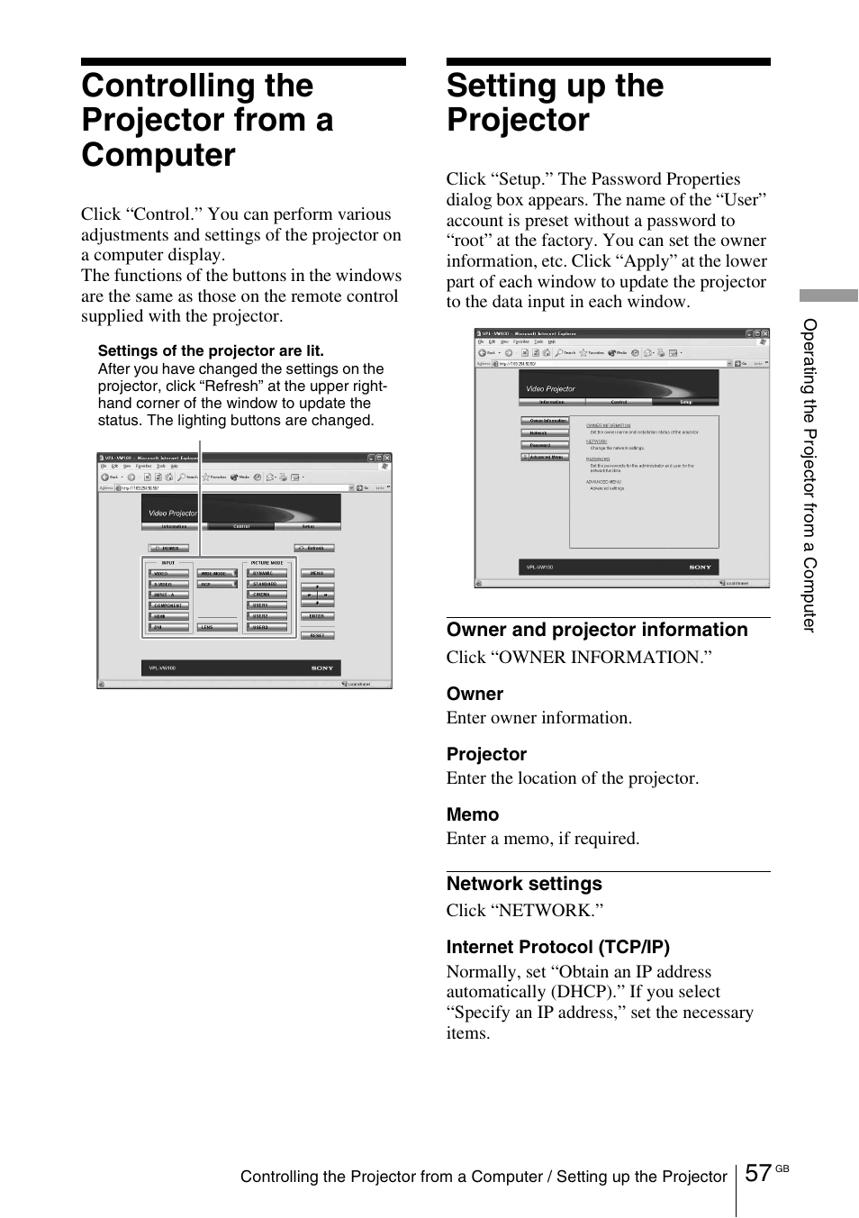 Controlling the projector from a computer, Setting up the projector | Sony VPL-VW100 User Manual | Page 57 / 259